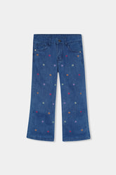 Girls Mid Blue  Wide Leg  Embroidered Pant